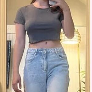 Molly Green Blue Gray Ruffle Trim Ribbed Top